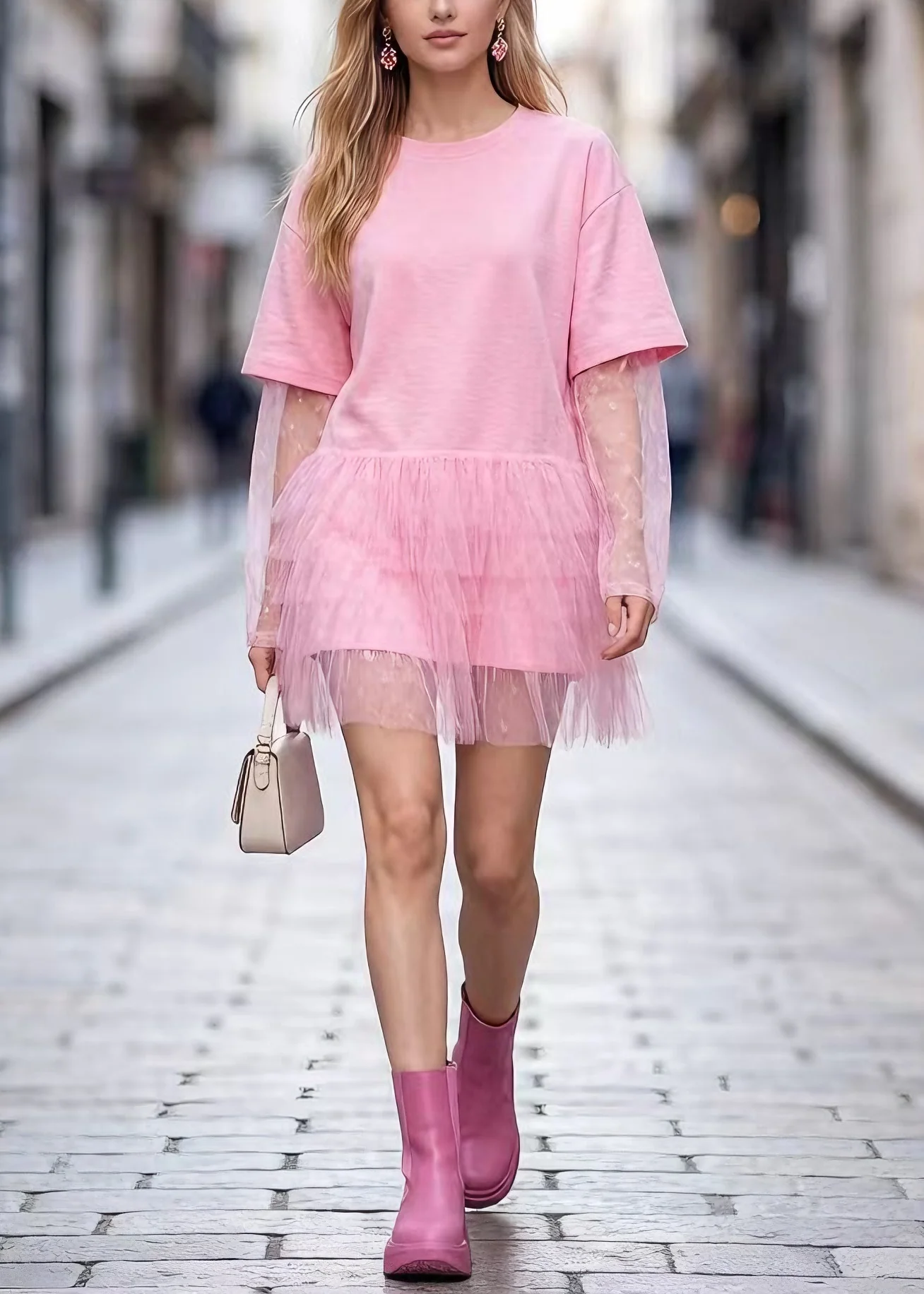 Boho Pink O Neck Tulle Patchwork Cotton Short Dress Summer - Image 5
