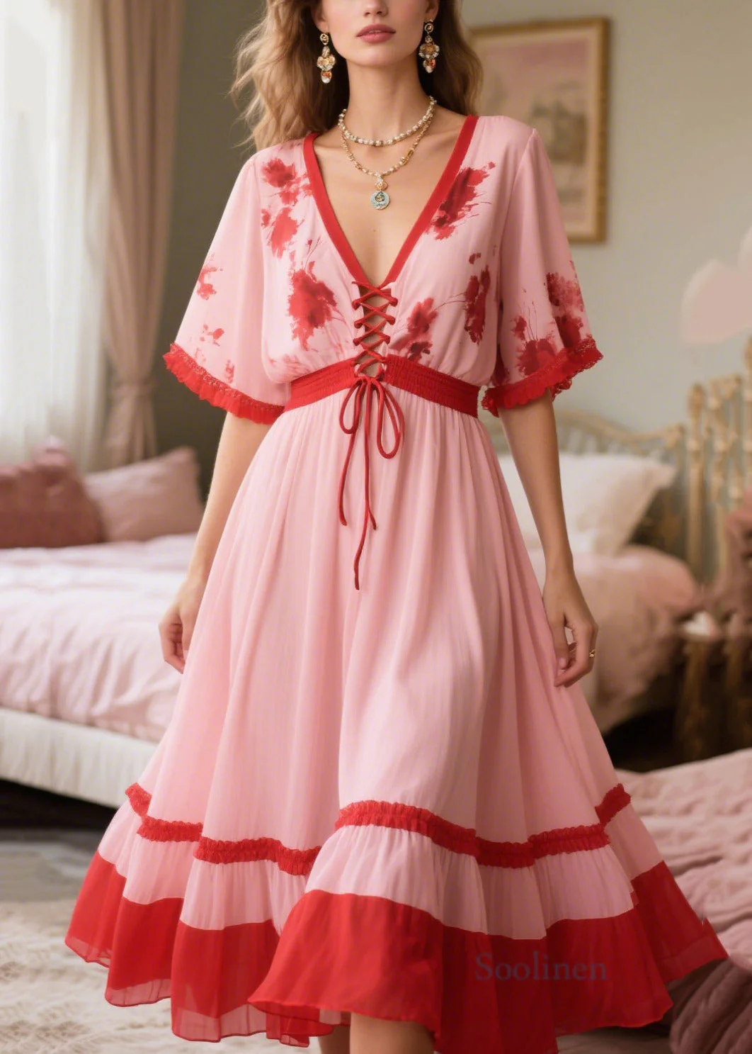 Boho Pink Patchwork Cross Strap Chiffon Holiday Dress Summer - Image 5
