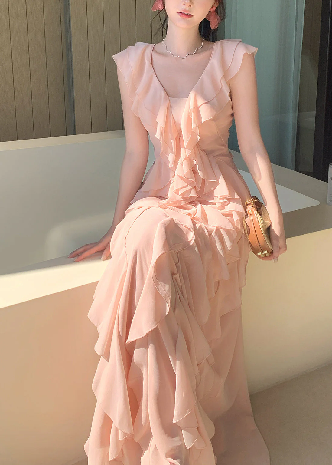 Boho Pink Ruffled Draping Chiffon Vacation Dress Summer - Image 2