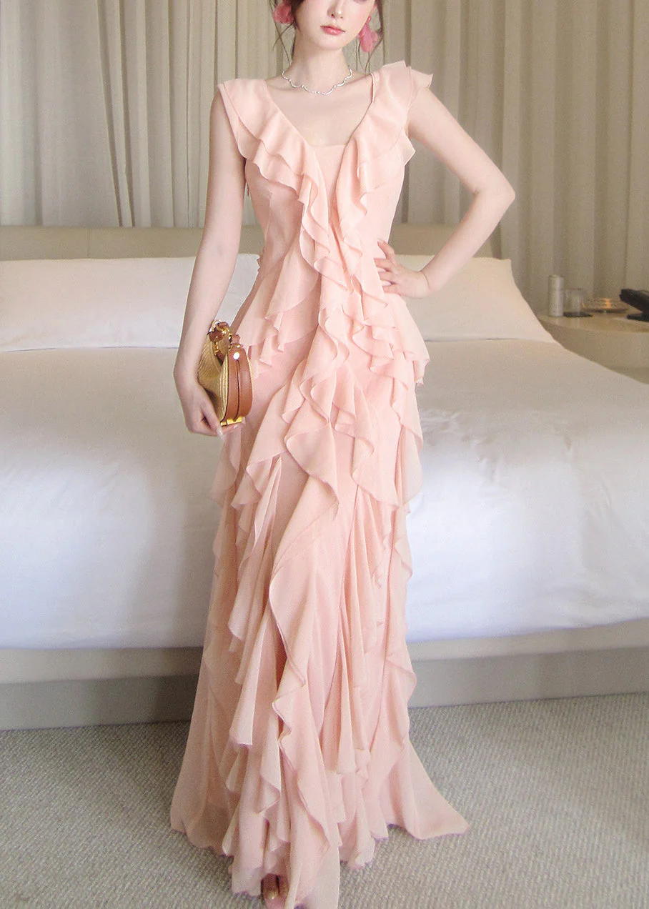 Boho Pink Ruffled Draping Chiffon Vacation Dress Summer - Image 3