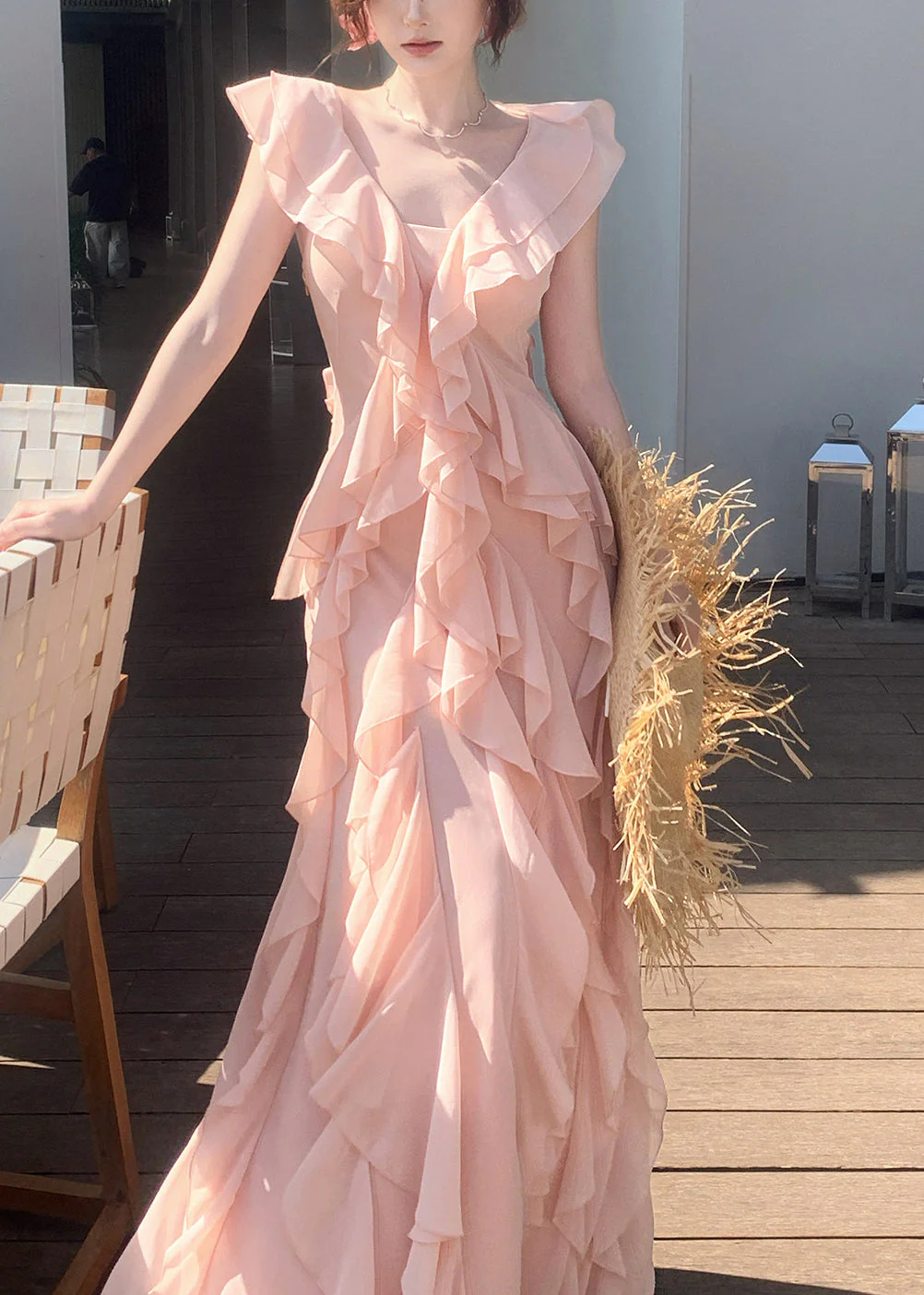 Boho Pink Ruffled Draping Chiffon Vacation Dress Summer - Image 4