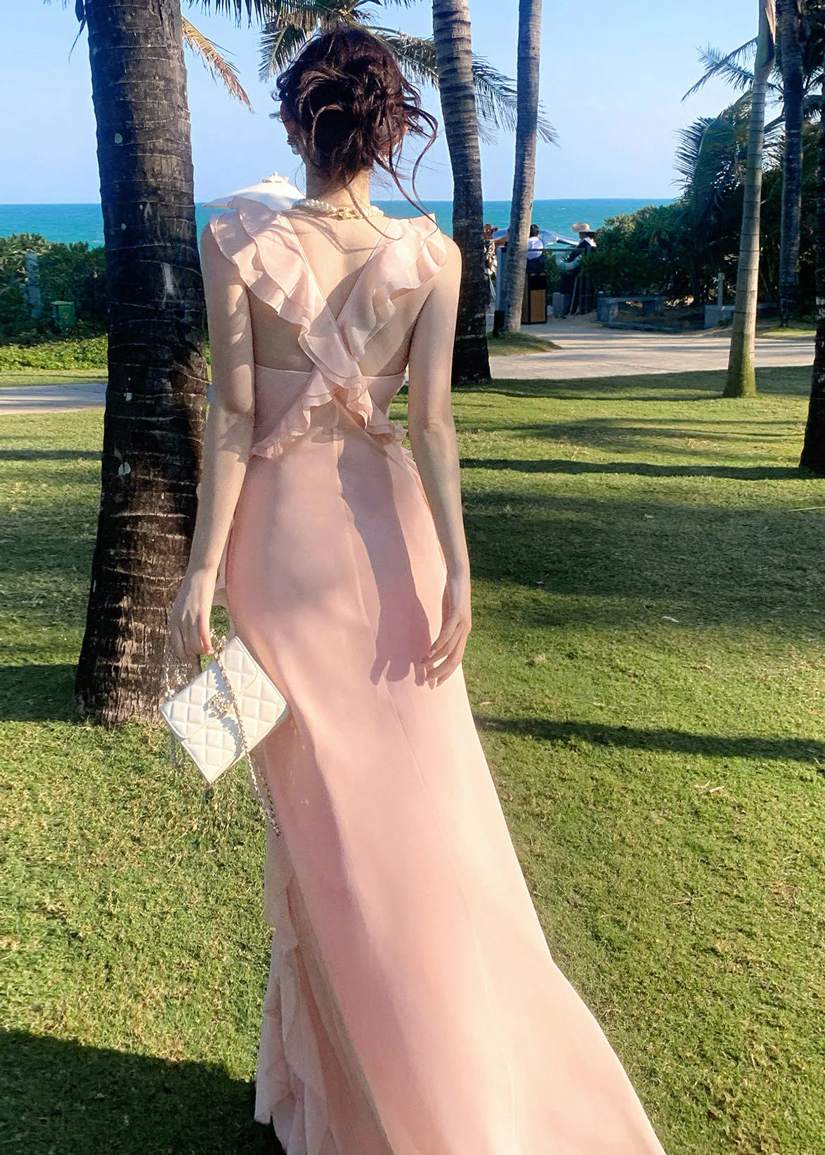 Boho Pink Ruffled Draping Chiffon Vacation Dress Summer - Image 5