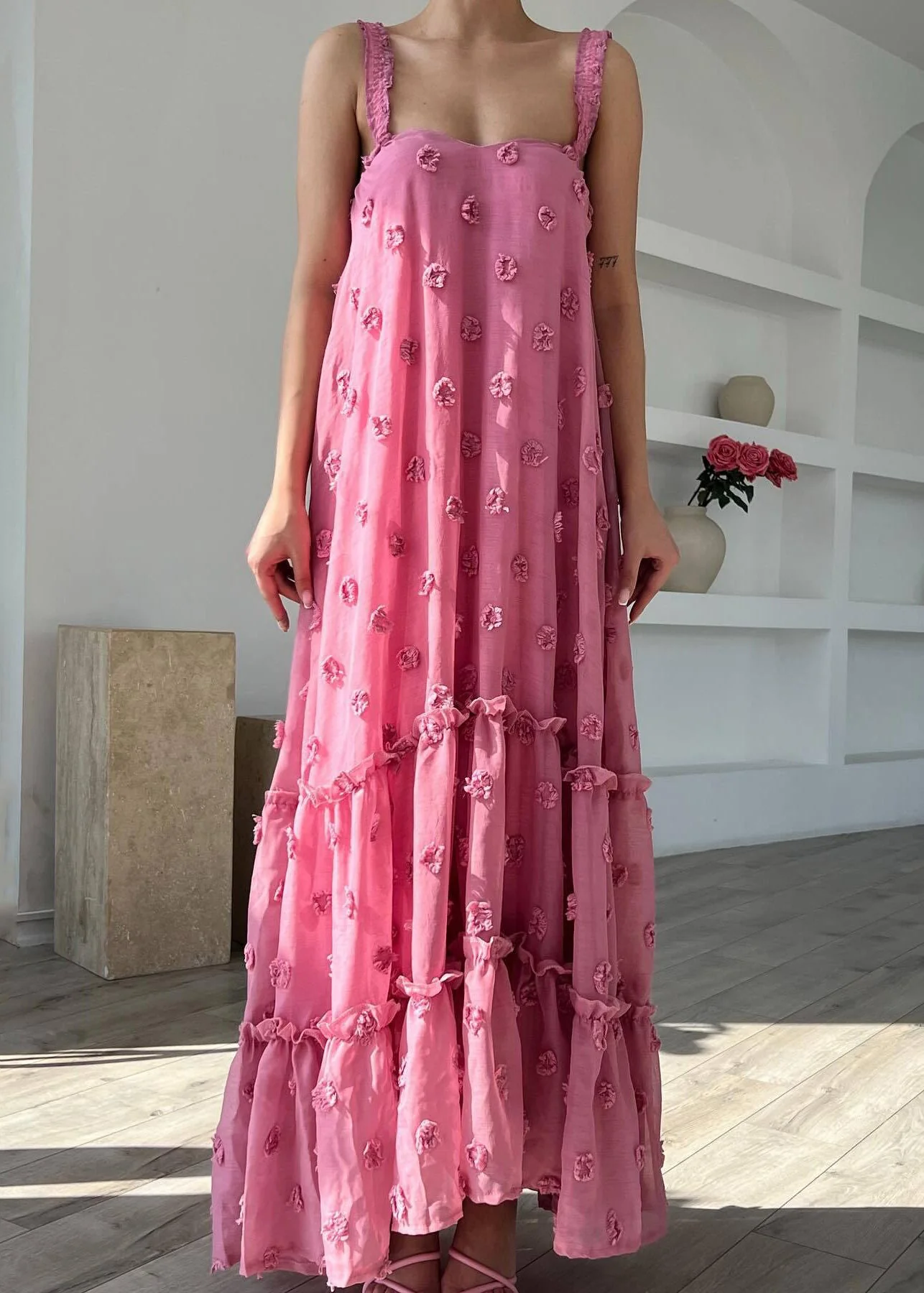 Boho Pink Ruffled Floral Cotton Spaghetti Strap Dress Sleeveless - Image 3