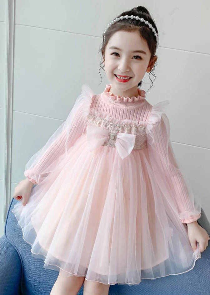 Boho Pink Stand Collar Bow Knit Patchwork Tulle Girls Vacation Maxi Dresses Fall - Image 2