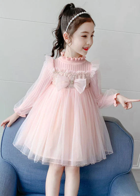 Boho Pink Stand Collar Bow Knit Patchwork Tulle Girls Vacation Maxi Dresses Fall - Image 3