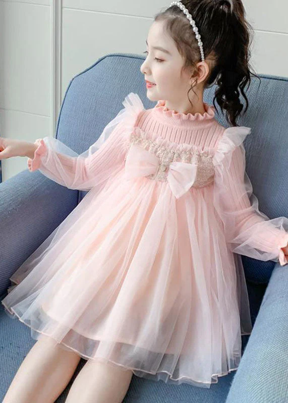 Boho Pink Stand Collar Bow Knit Patchwork Tulle Girls Vacation Maxi Dresses Fall - Image 4