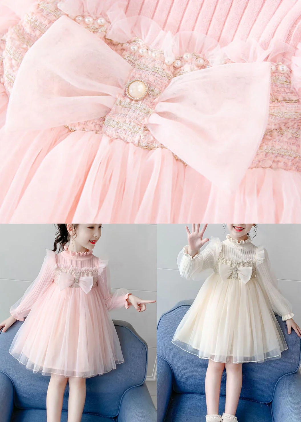 Boho Pink Stand Collar Bow Knit Patchwork Tulle Girls Vacation Maxi Dresses Fall - Image 5