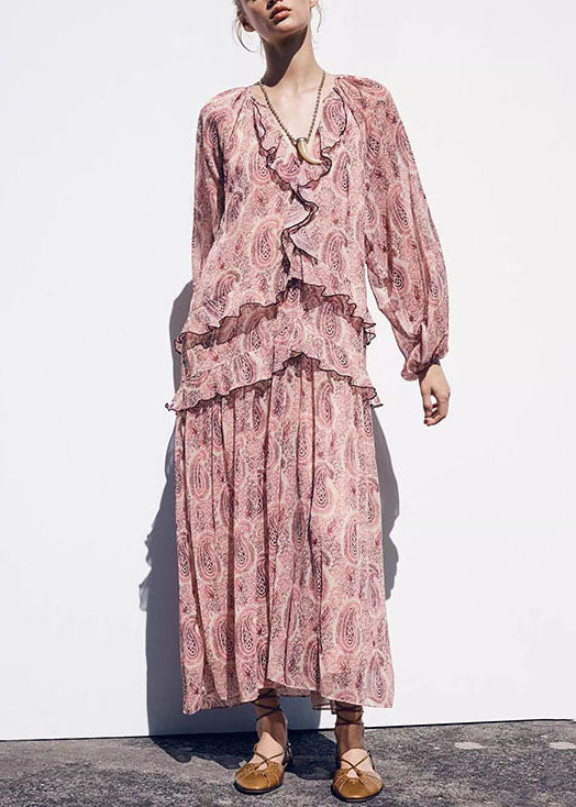 Boho Pink V Neck Print Ruffled Chiffon Dresses Fall - Image 2