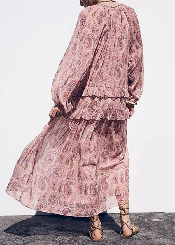 Boho Pink V Neck Print Ruffled Chiffon Dresses Fall - Image 3