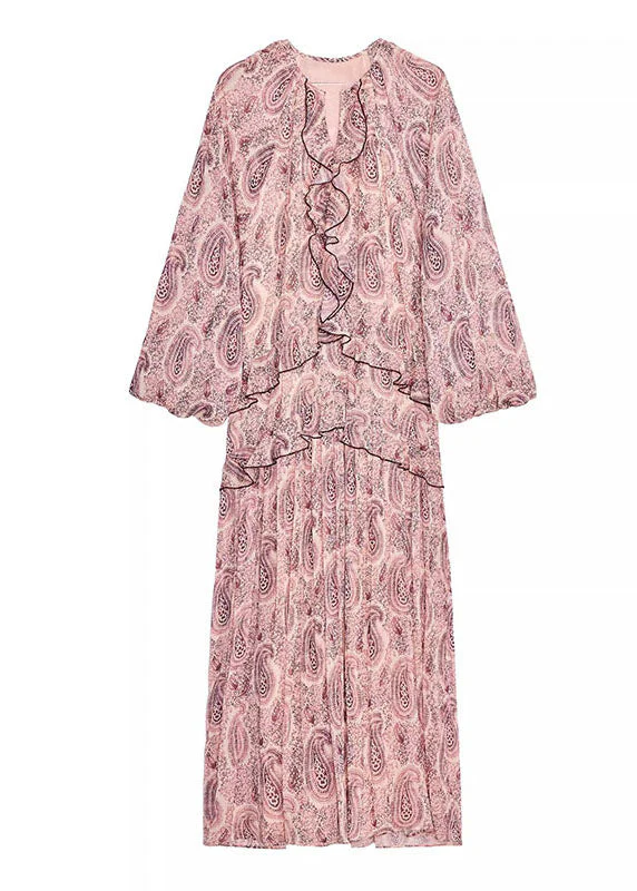 Boho Pink V Neck Print Ruffled Chiffon Dresses Fall - Image 4