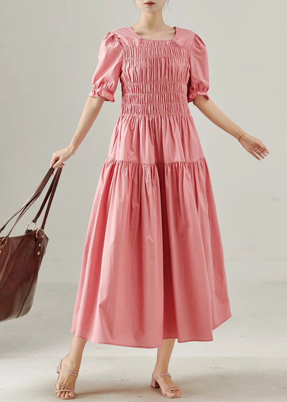 Boho Pink Wrinkled Silm Fit Cotton Holiday Dress Summer