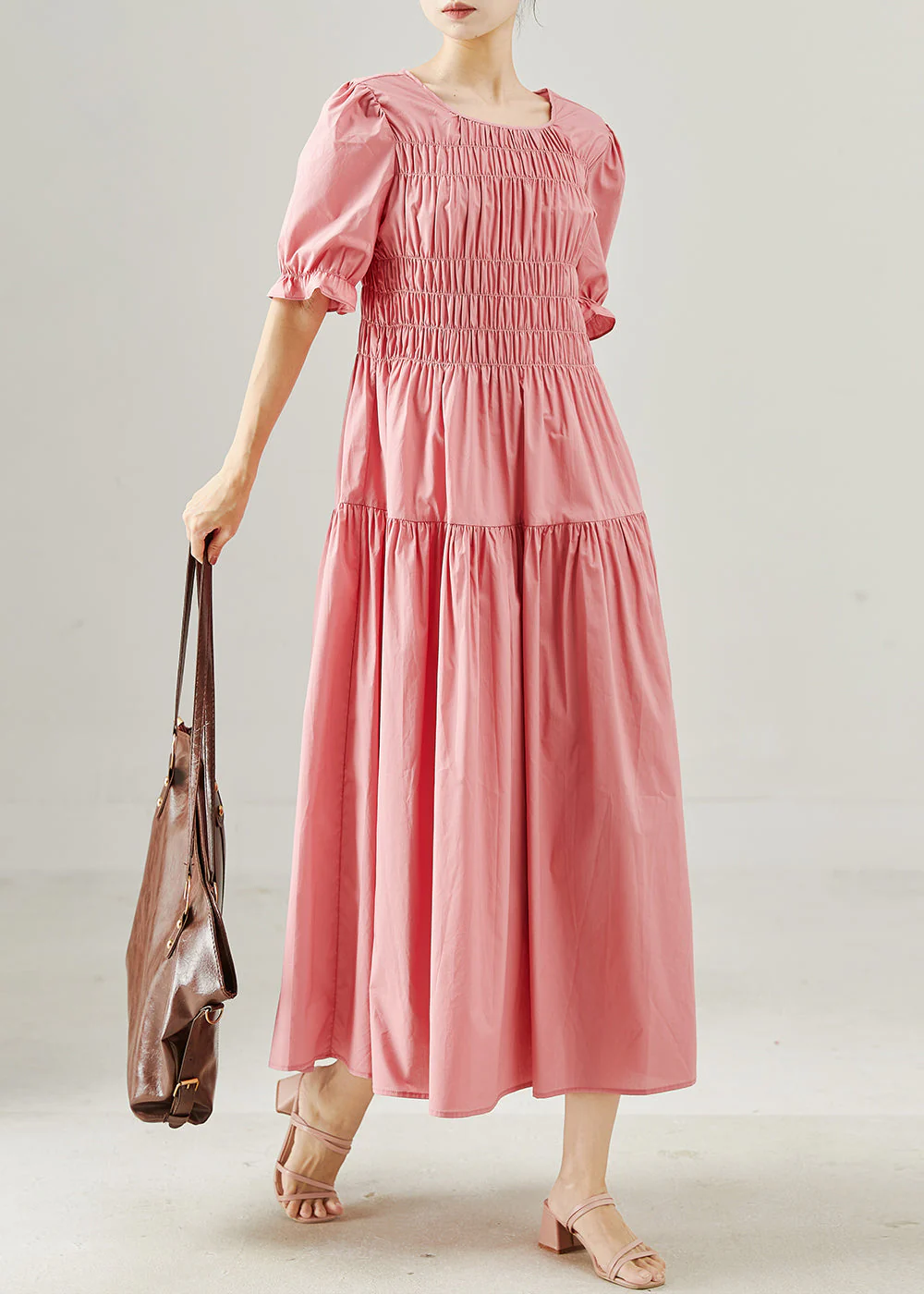 Boho Pink Wrinkled Silm Fit Cotton Holiday Dress Summer - Image 3