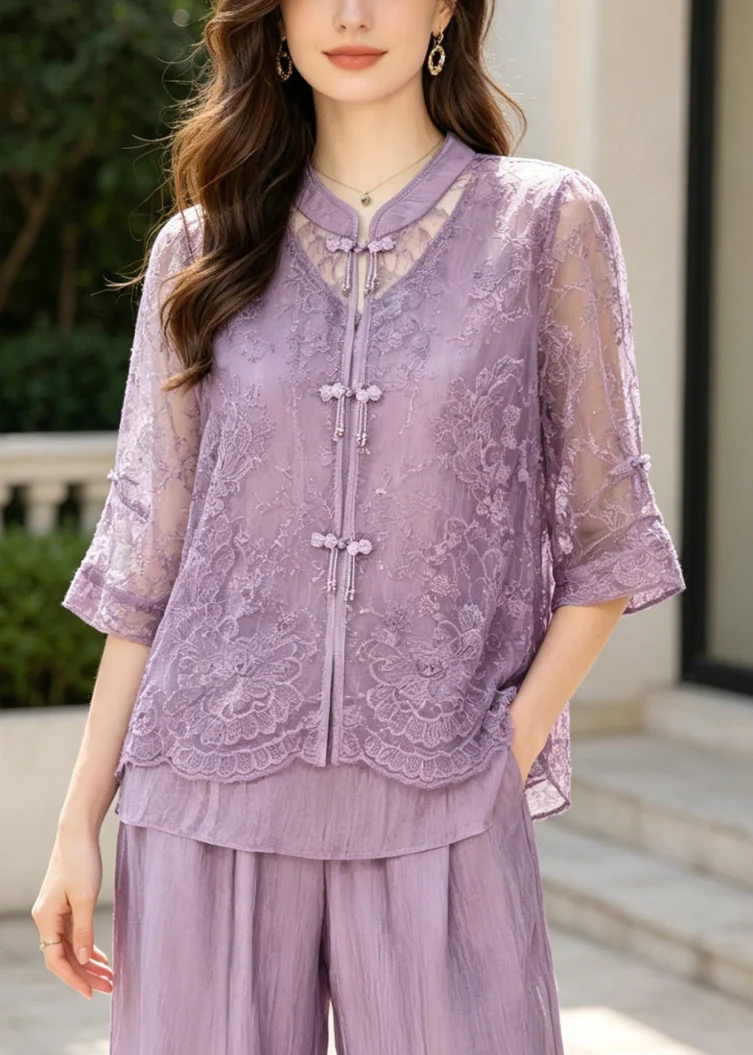 Boho Purple Embroidered Patchwork Lace Two-Piece Set Summer - Image 2