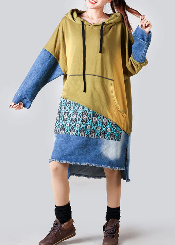 Boho Purple Hooded Denim Patchwork Cotton Dress Spring - Image 2