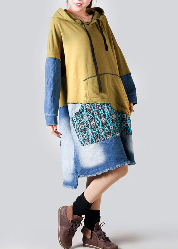 Boho Purple Hooded Denim Patchwork Cotton Dress Spring - Image 4