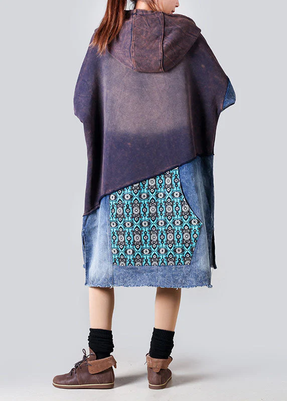 Boho Purple Hooded Denim Patchwork Cotton Dress Spring - Image 5