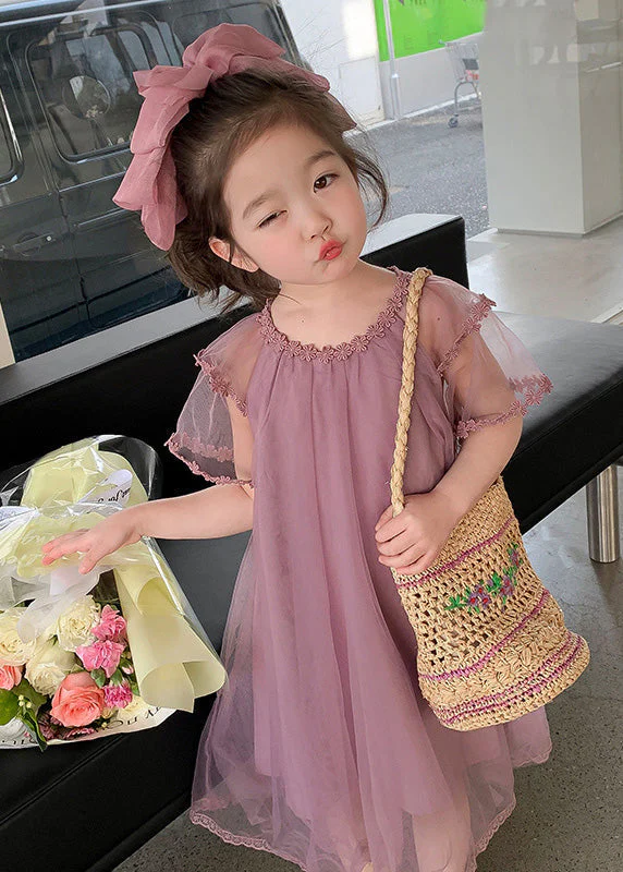 Boho Purple O-Neck Floral Patchwork Tulle Girls Maxi Dress Summer - Image 2