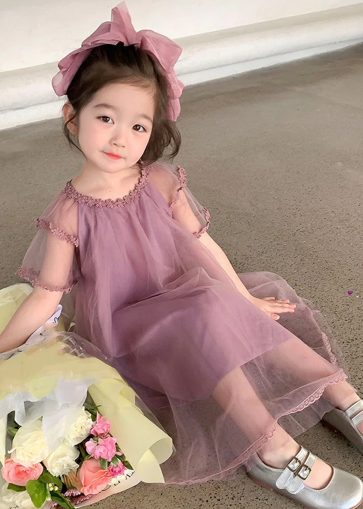 Boho Purple O-Neck Floral Patchwork Tulle Girls Maxi Dress Summer - Image 3