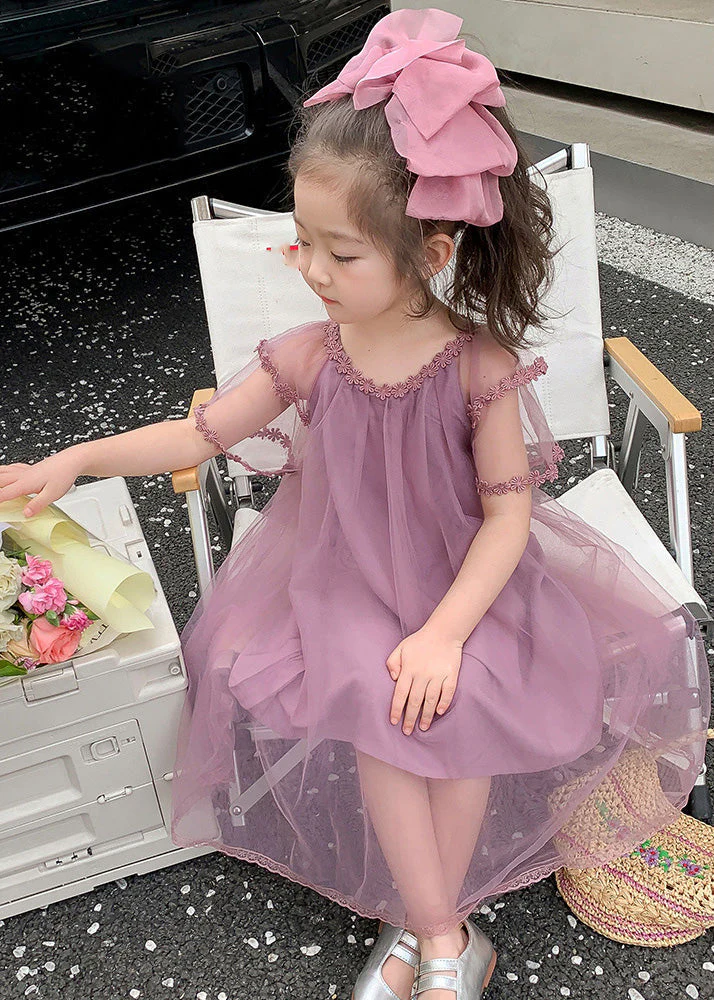 Boho Purple O-Neck Floral Patchwork Tulle Girls Maxi Dress Summer - Image 4