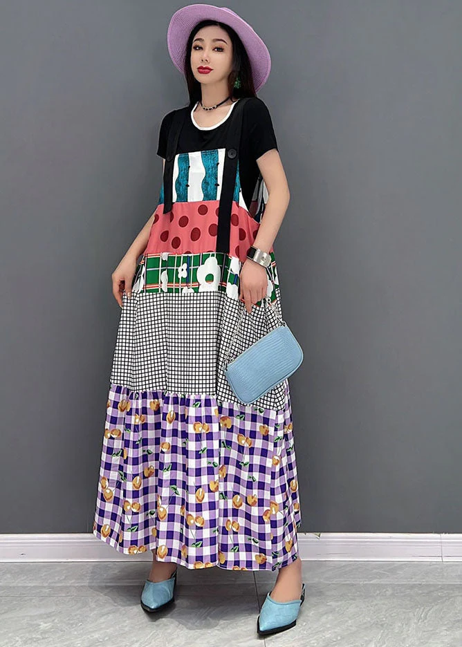 Boho Purple O-Neck Patchwork Print Cotton Strap Long Dresses Short Sleeve - Image 3