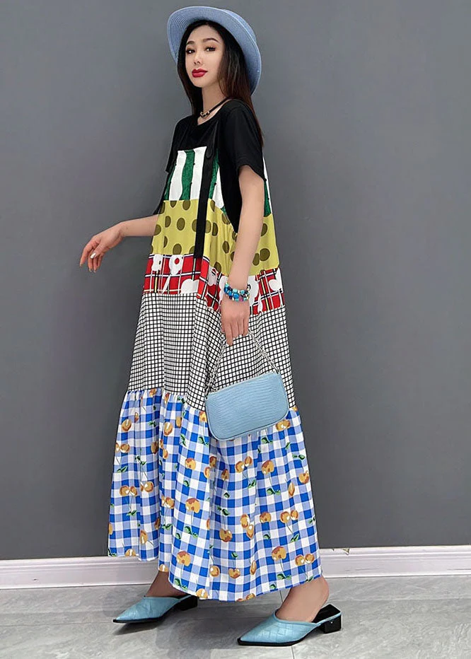 Boho Purple O-Neck Patchwork Print Cotton Strap Long Dresses Short Sleeve - Image 4