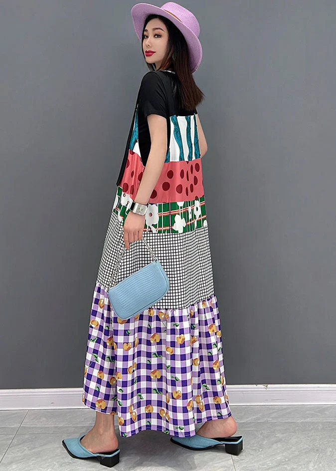 Boho Purple O-Neck Patchwork Print Cotton Strap Long Dresses Short Sleeve - Image 5