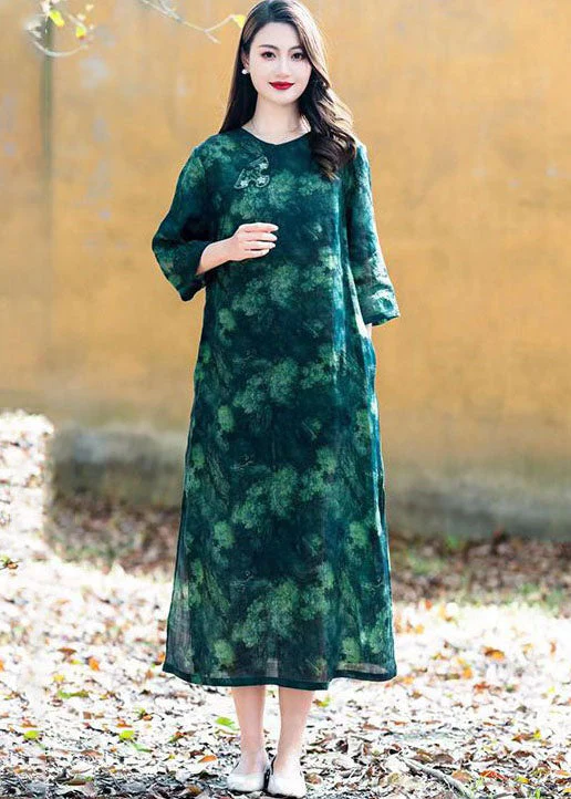 Boho Purple O Neck Print Button Patchwork Linen Long Dress Summer - Image 2
