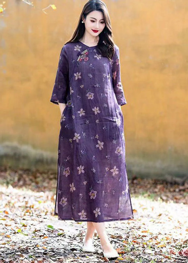 Boho Purple O Neck Print Button Patchwork Linen Long Dress Summer - Image 4
