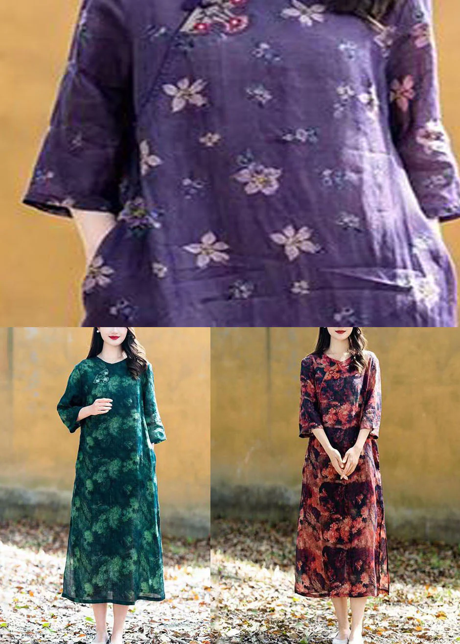Boho Purple O Neck Print Button Patchwork Linen Long Dress Summer - Image 5