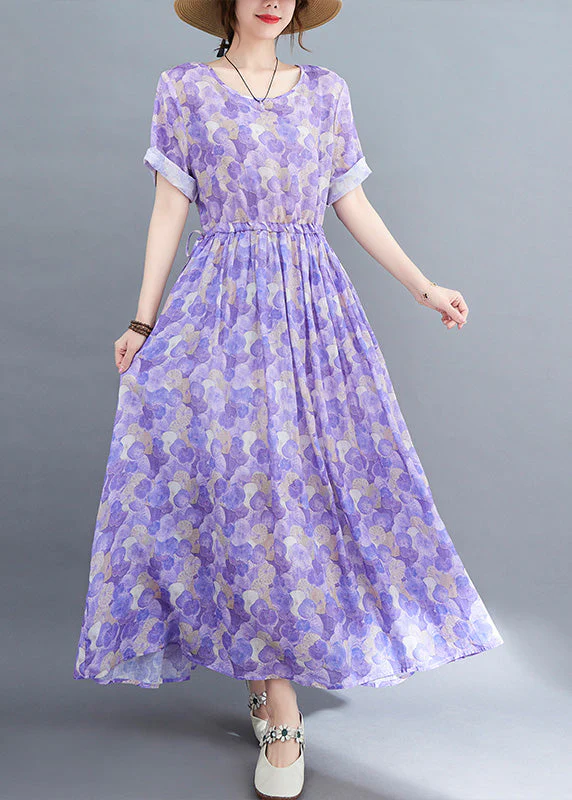 Boho Purple O-Neck Print Patchwork Cotton Long Dress Short Sleeve - Image 2
