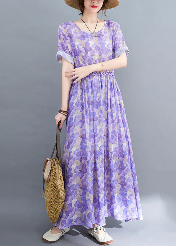 Boho Purple O-Neck Print Patchwork Cotton Long Dress Short Sleeve - Image 3