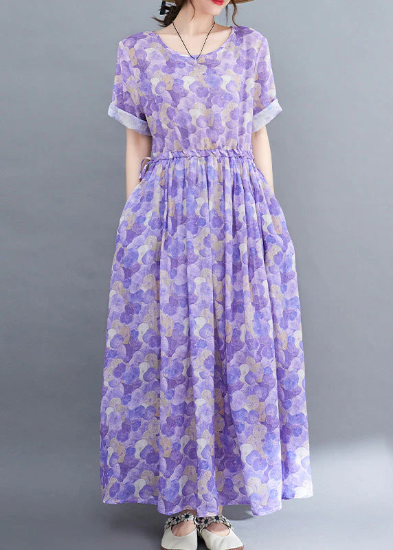 Boho Purple O-Neck Print Patchwork Cotton Long Dress Short Sleeve - Image 4