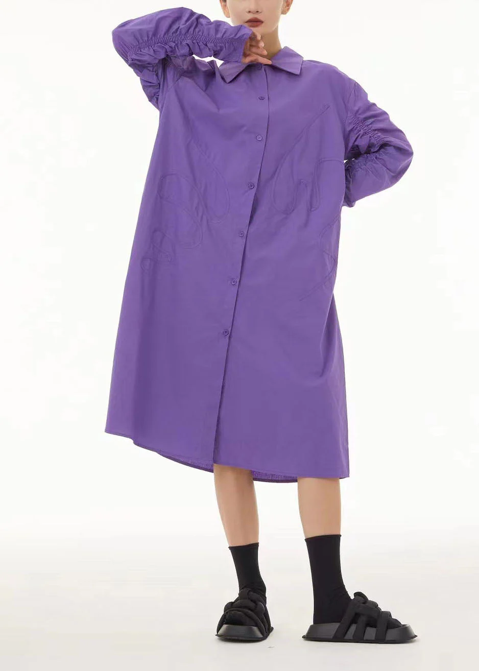 Boho Purple Peter Pan Collar Wrinkled Cotton Long Dress Spring - Image 2