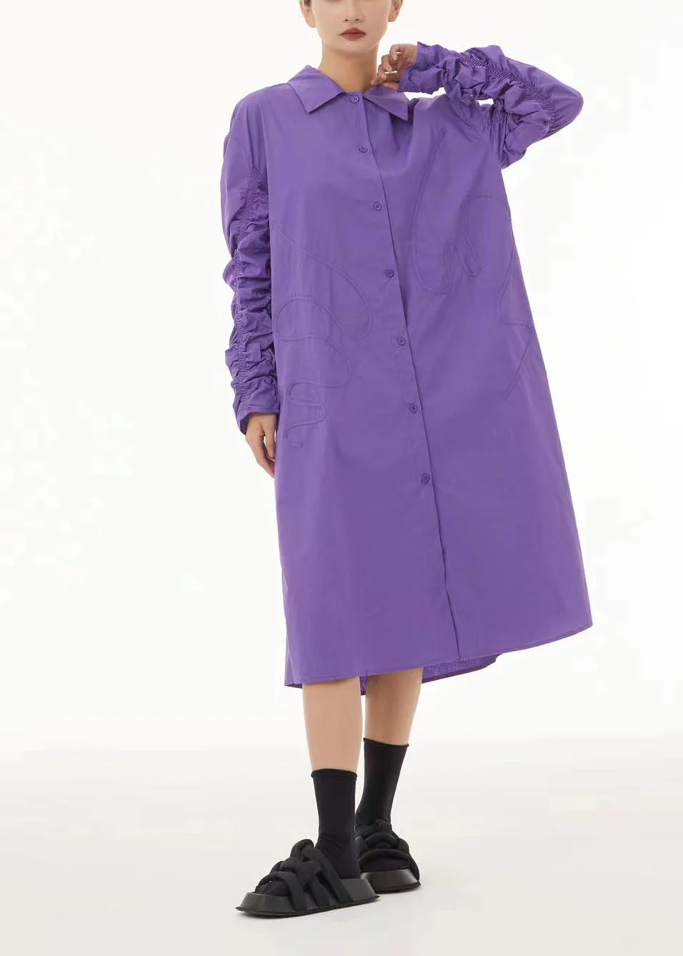 Boho Purple Peter Pan Collar Wrinkled Cotton Long Dress Spring - Image 3