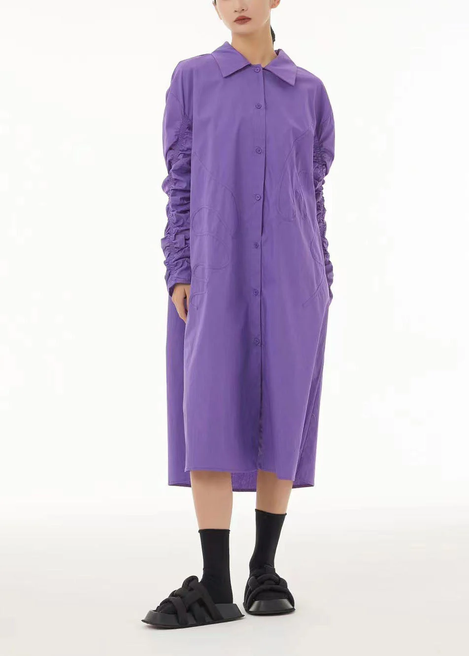 Boho Purple Peter Pan Collar Wrinkled Cotton Long Dress Spring - Image 4