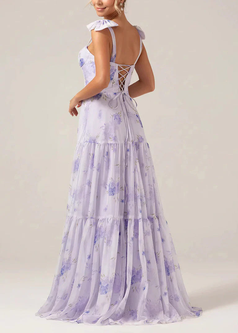 Boho Purple Print Lace Up Chiffon Long Dress Summer - Image 3