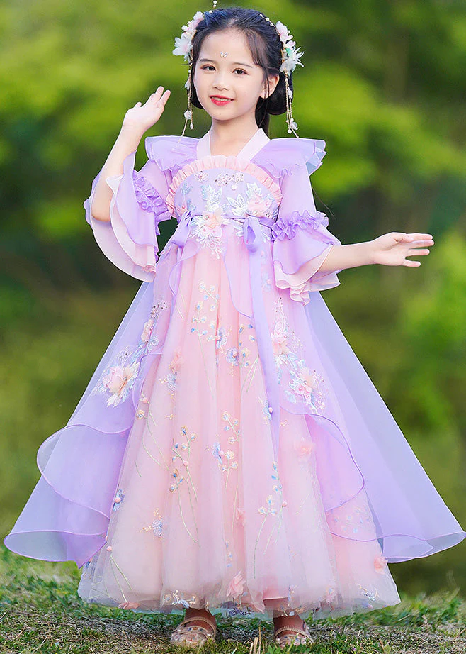 Boho Purple V Neck Patchwork Embroideried Tie Waist Tulle Girls Maxi Dress Half Sleeve - Image 2