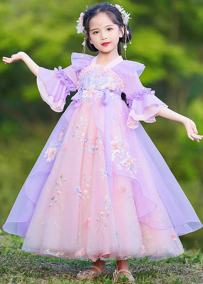 Boho Purple V Neck Patchwork Embroideried Tie Waist Tulle Girls Maxi Dress Half Sleeve - Image 3