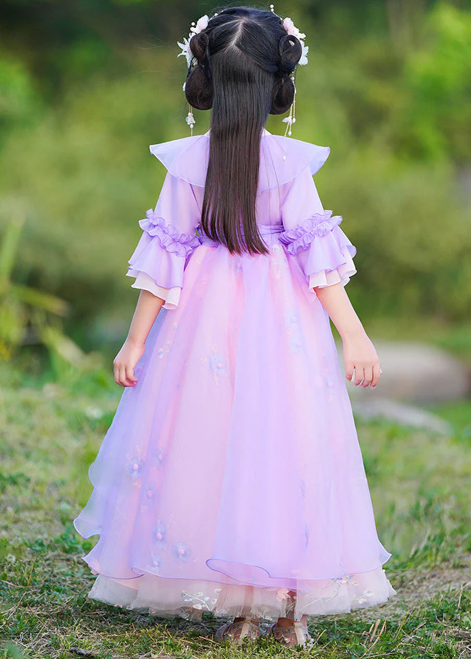 Boho Purple V Neck Patchwork Embroideried Tie Waist Tulle Girls Maxi Dress Half Sleeve - Image 5
