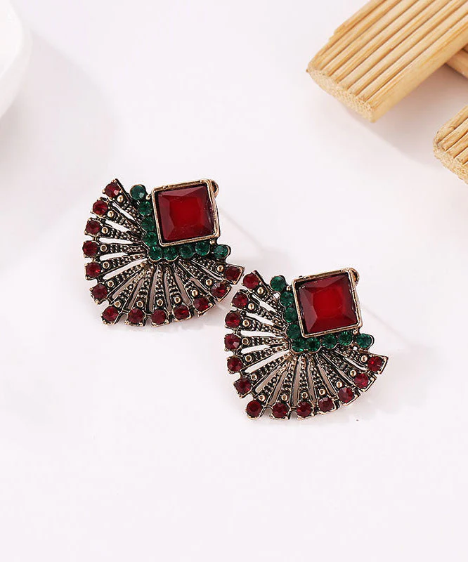 Boho Rainbow Alloy Zircon Crystal Fan-Shaped Stud Earrings - Image 2
