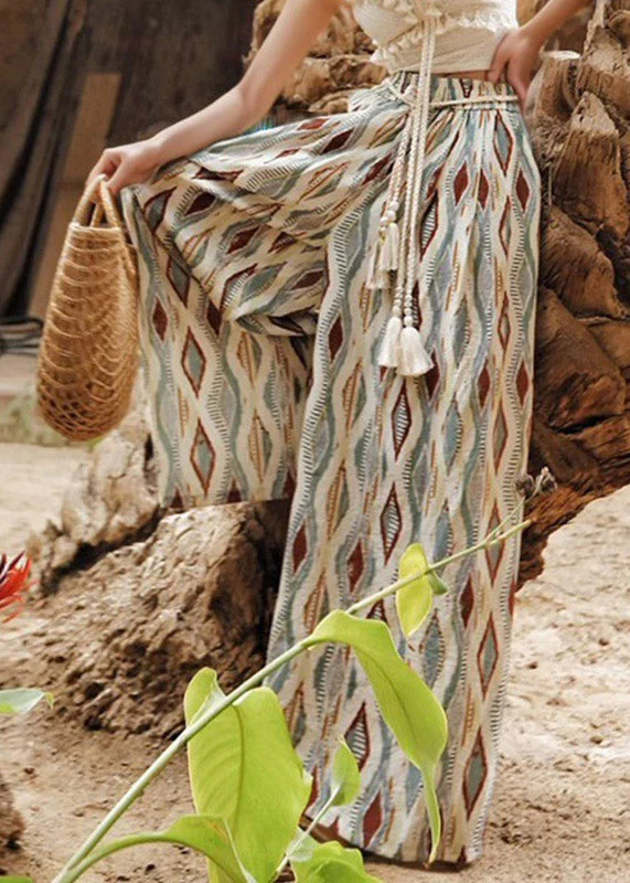 Boho Rainbow Plaid Elastic Waist Wide Leg Pants Summer