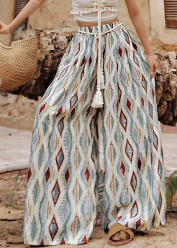 Boho Rainbow Plaid Elastic Waist Wide Leg Pants Summer - Image 3