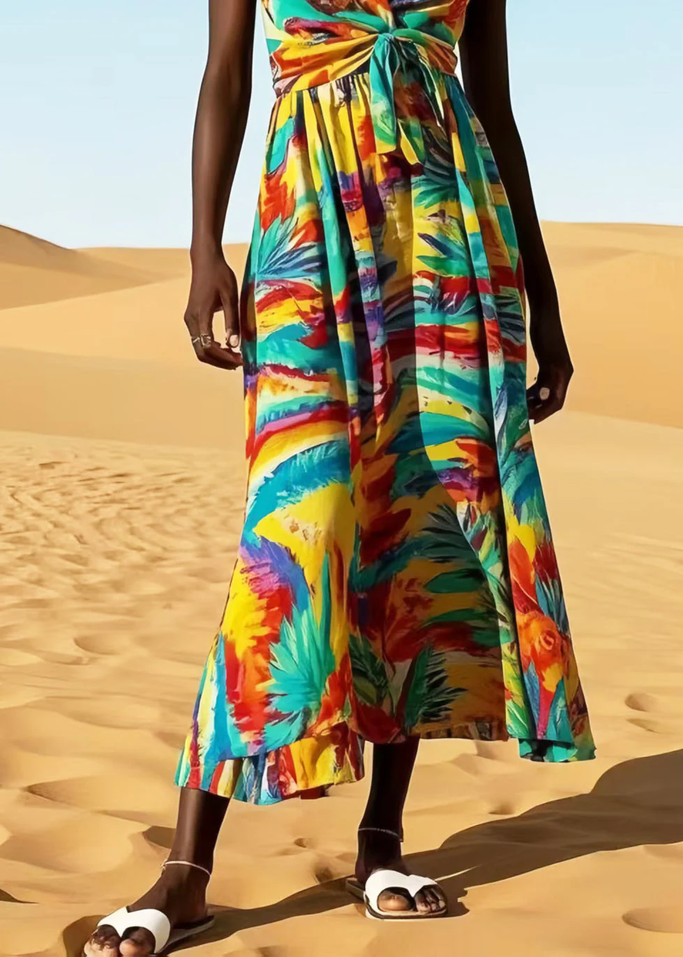 Boho Rainbow V Neck Print Cotton Cami Dress Summer - Image 4