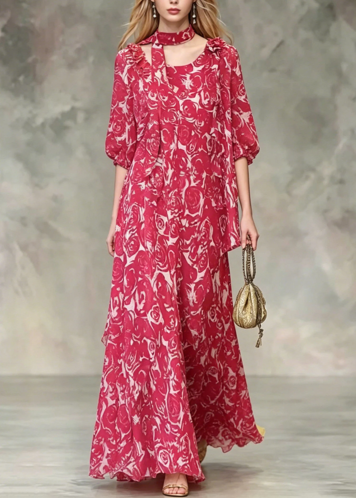 Boho Red Asymmetrical Design Floral Chiffon Dresses Summer - Image 3