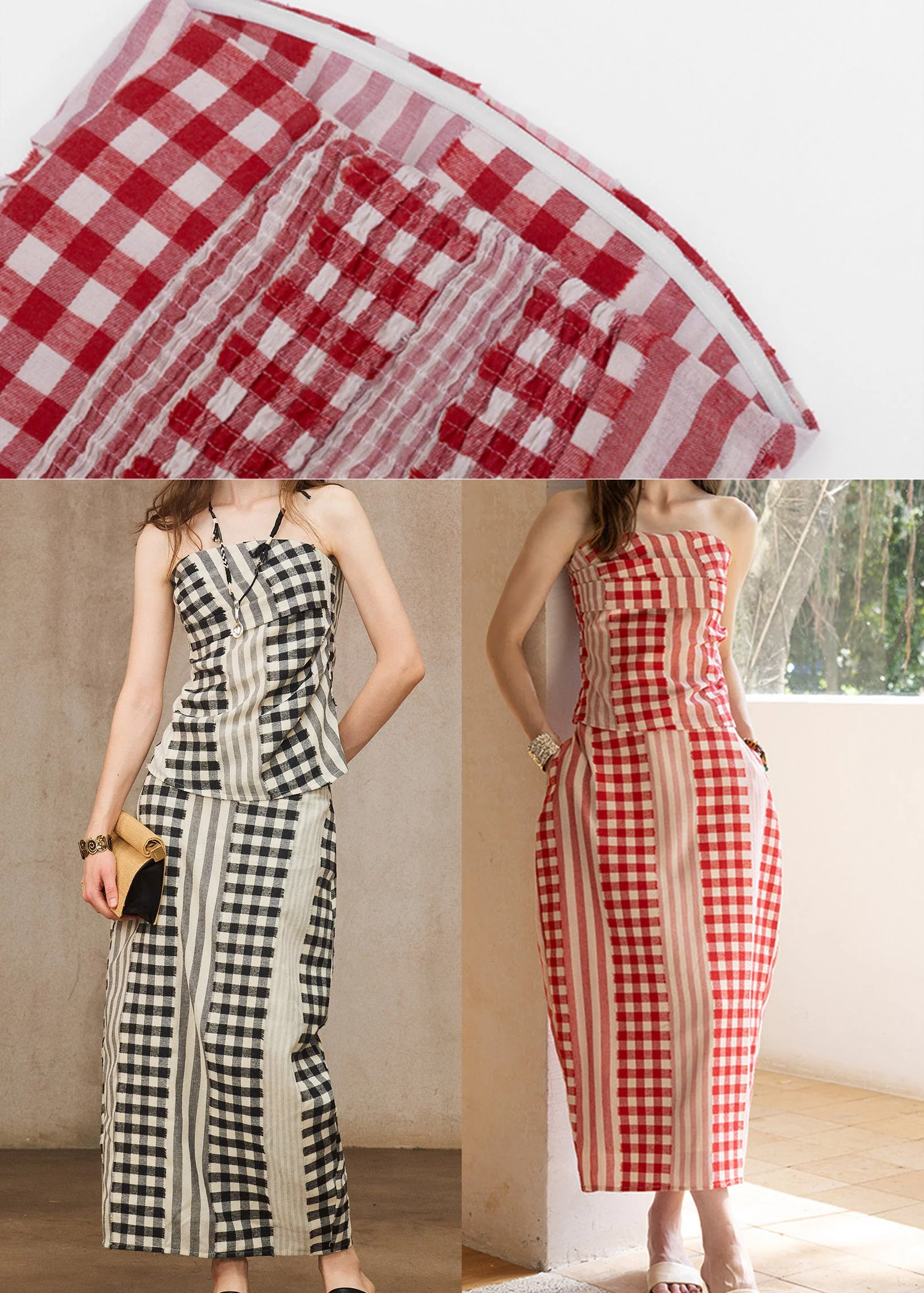 Boho Red Backless Plaid Cotton Two Pieces Set Summer - Image 5