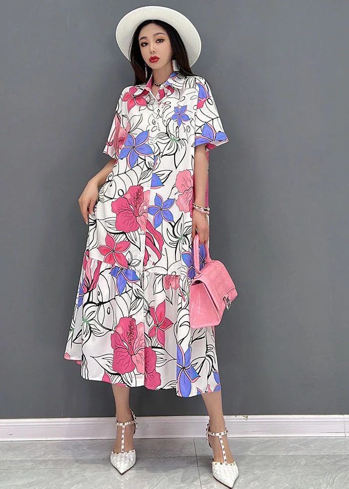 Boho Red Floral Print Peter Pan Collar Vacation Dresses Short Sleeve - Image 2