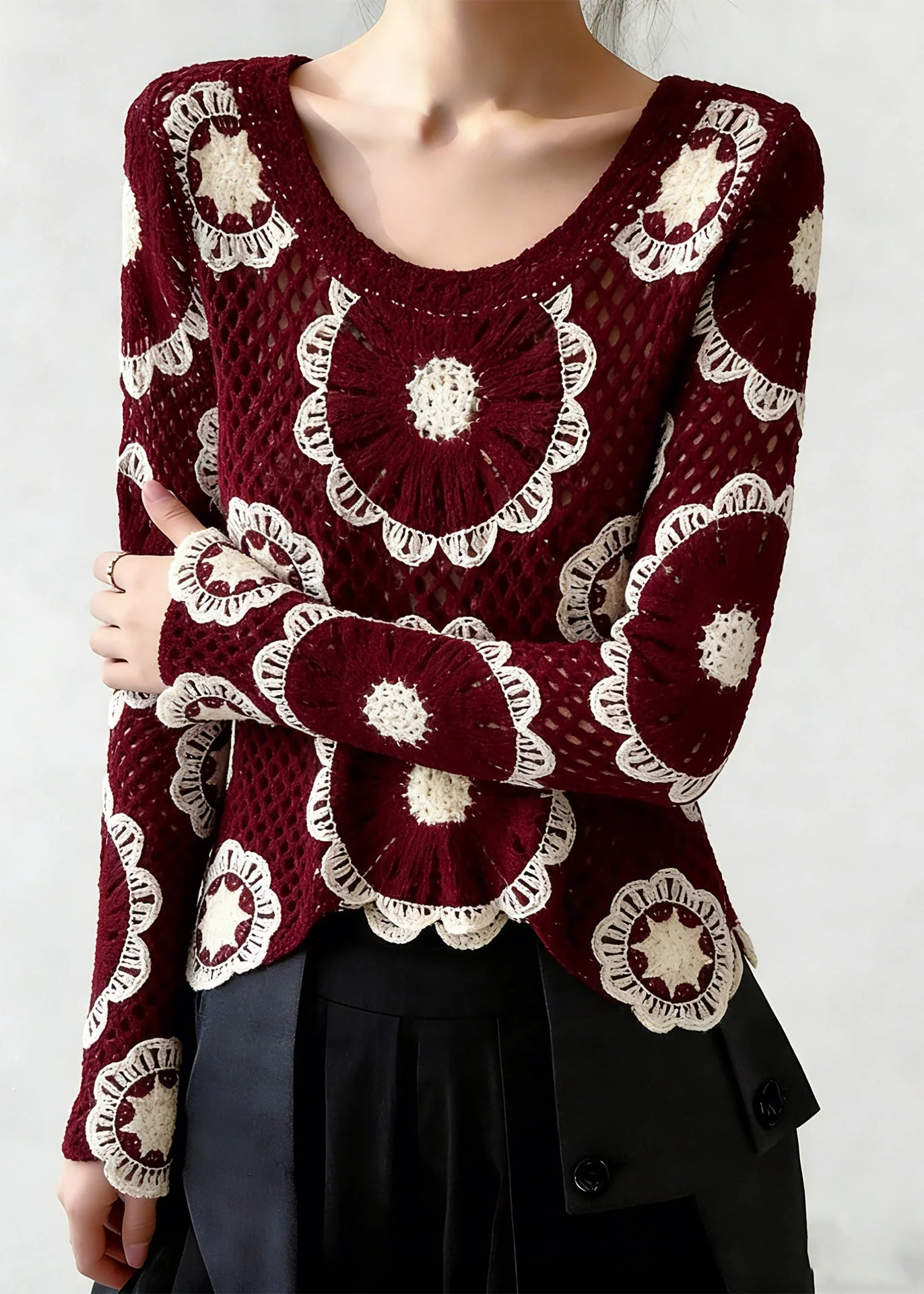 Boho Red O-Neck Hollow Out Knit Top Spring - Image 2