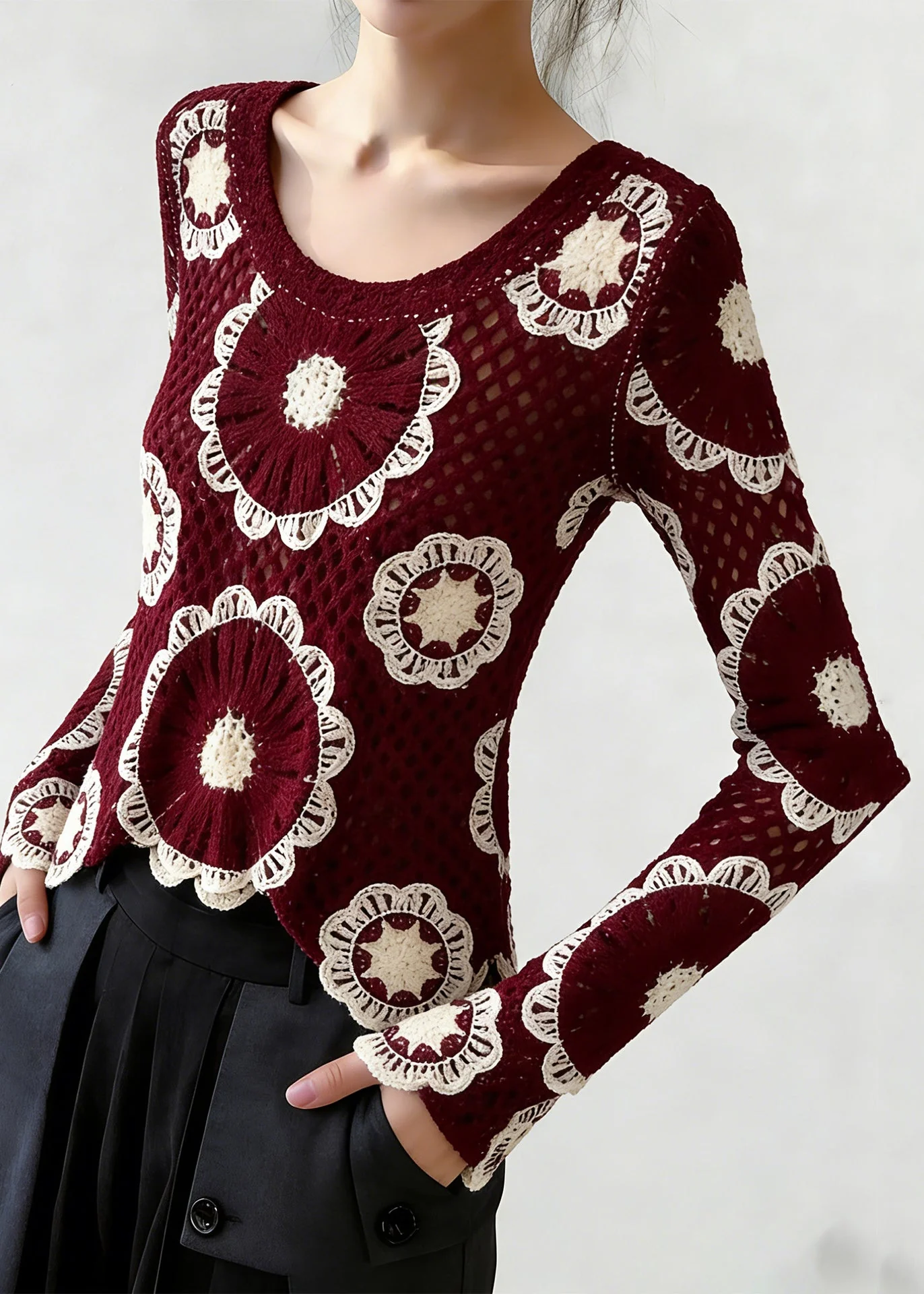 Boho Red O-Neck Hollow Out Knit Top Spring - Image 3