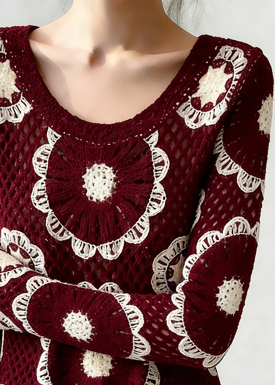 Boho Red O-Neck Hollow Out Knit Top Spring - Image 4