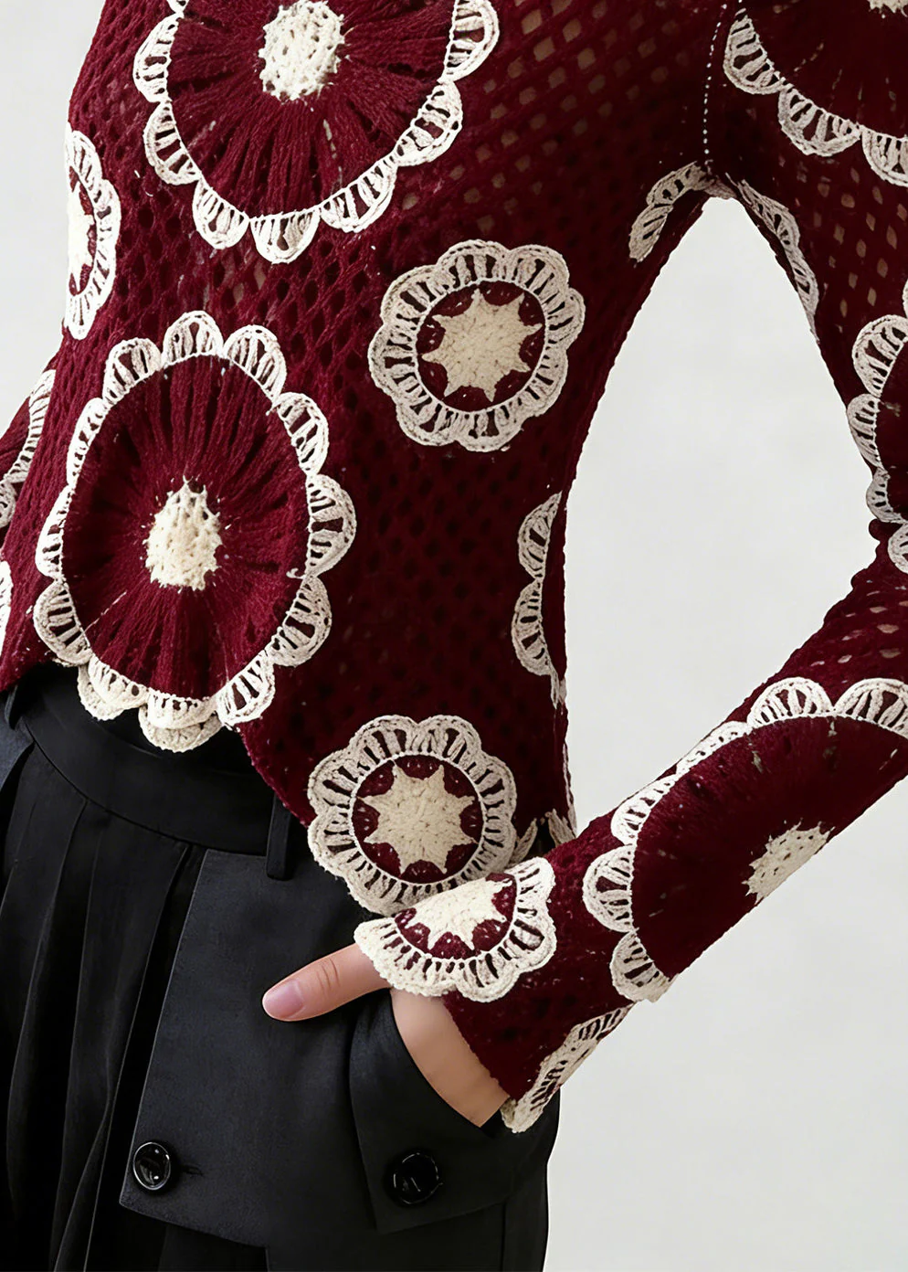Boho Red O-Neck Hollow Out Knit Top Spring - Image 5